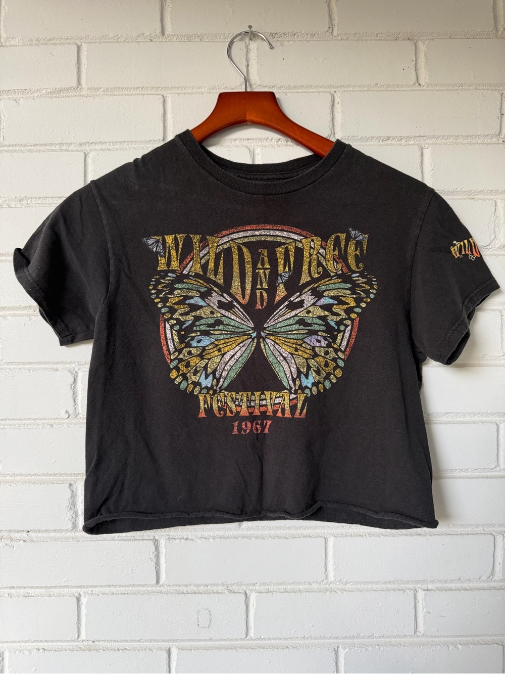 Fifth Sun Black Crop Tee with Multicolor Butterfly Graphic